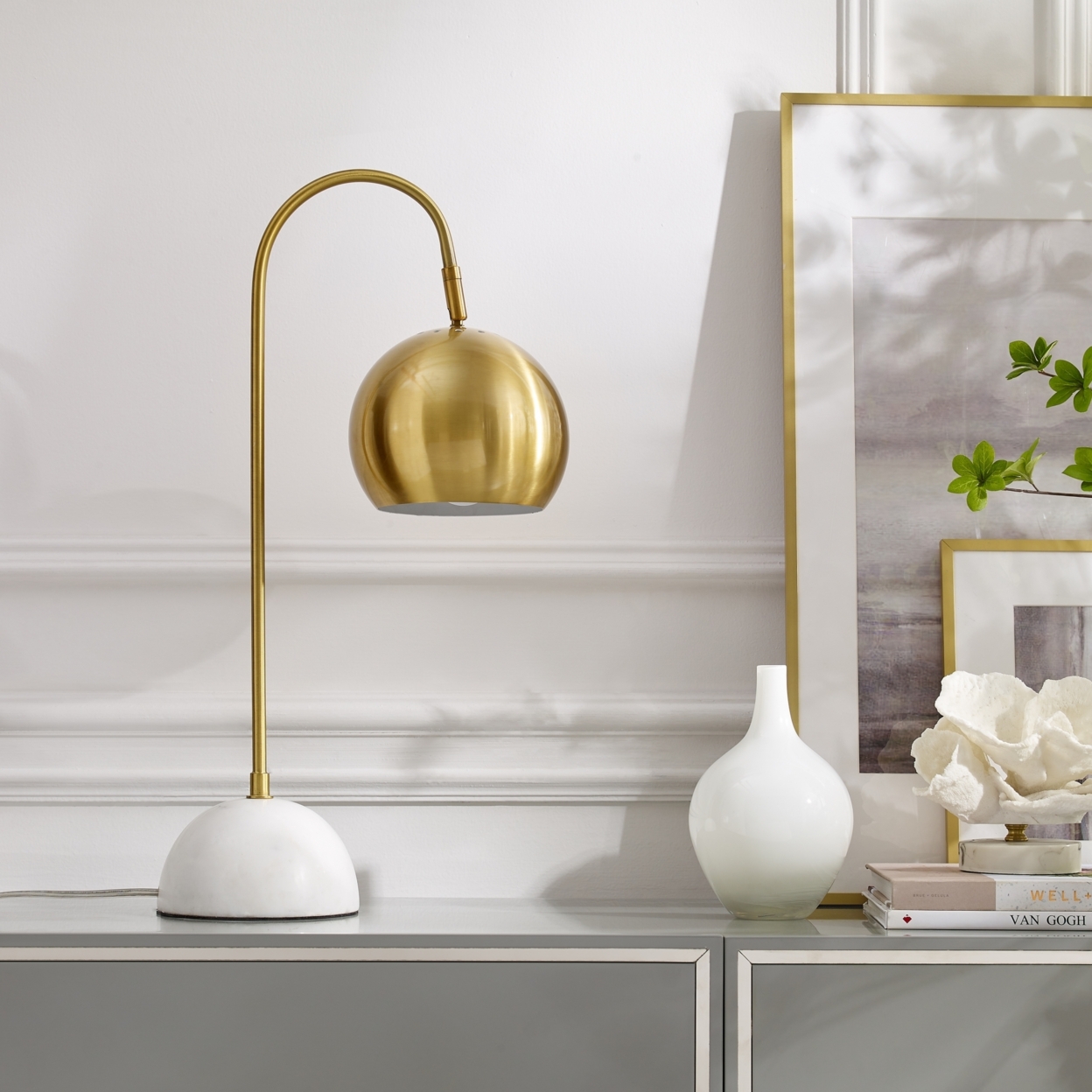 Brantly Table Lamp - 5ft Power Cord, Marble Stone Base , Sturdy Metal Frame , In-line Switch - Brass