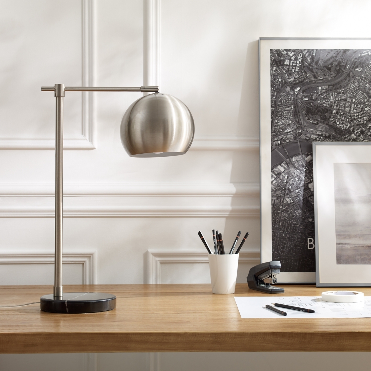 Aariz Table Lamp - 5ft Power Cord, Marble Stone Base , Sturdy Metal Frame , In-line Switch - stainless steel