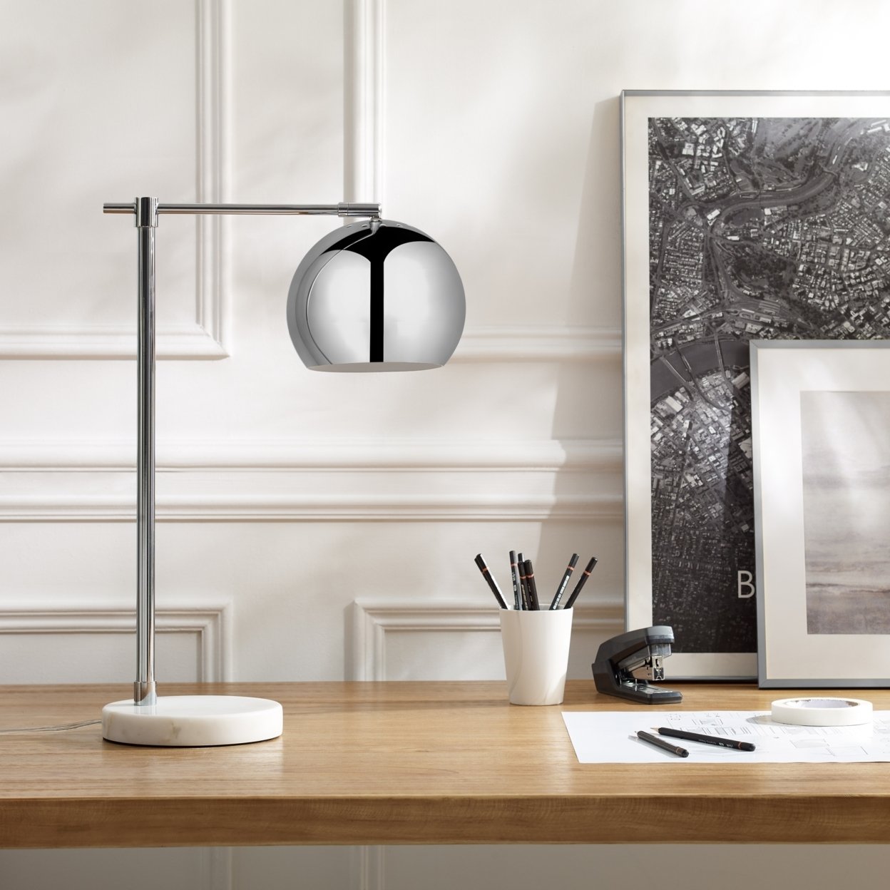 Aariz Table Lamp - 5ft Power Cord, Marble Stone Base , Sturdy Metal Frame , In-line Switch - chrome