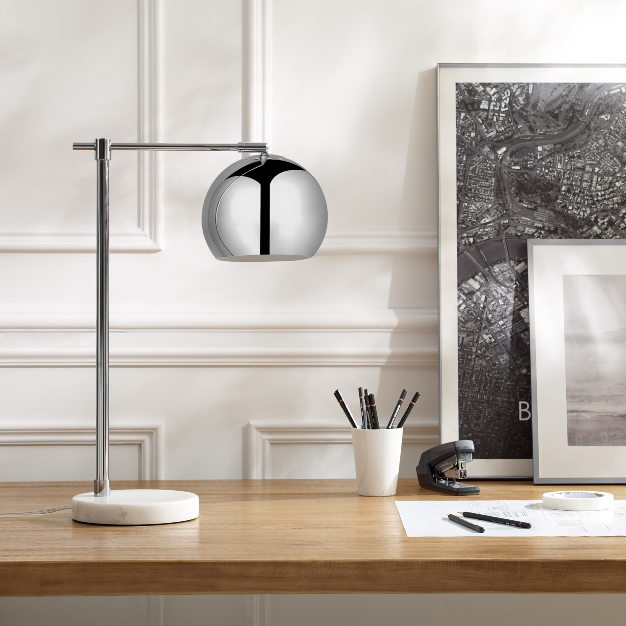 Aariz Table Lamp - 5ft Power Cord, Marble Stone Base , Sturdy Metal Frame , In-line Switch - Brass