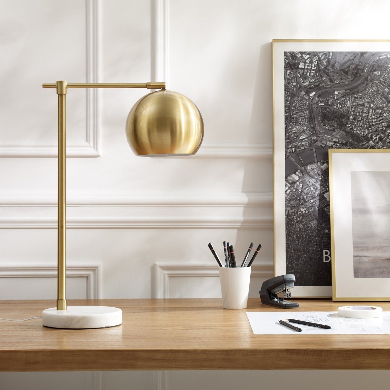 Aariz Table Lamp - 5ft Power Cord, Marble Stone Base , Sturdy Metal Frame , In-line Switch - brass