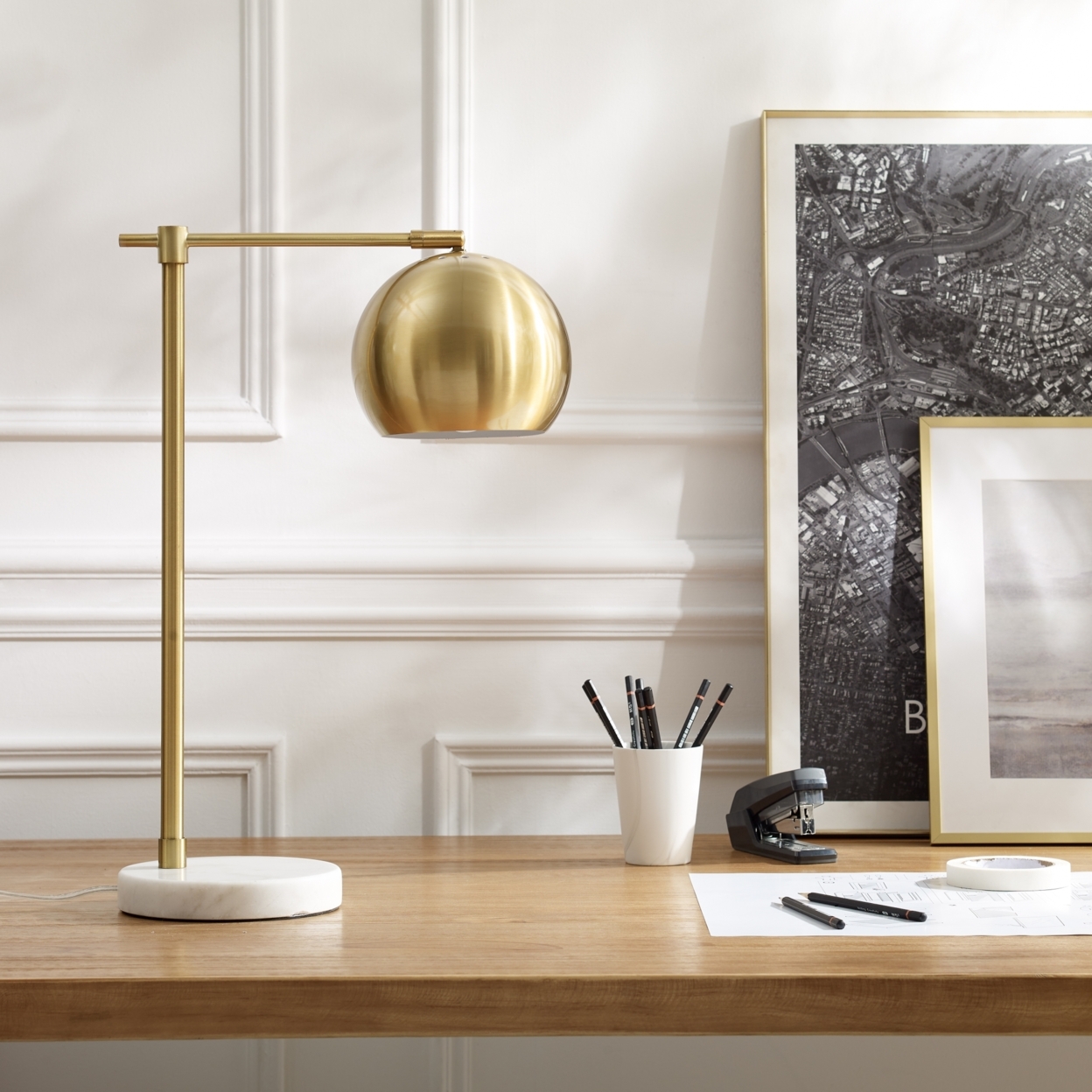 Aariz Table Lamp - 5ft Power Cord, Marble Stone Base , Sturdy Metal Frame , In-line Switch - Stainless Steel