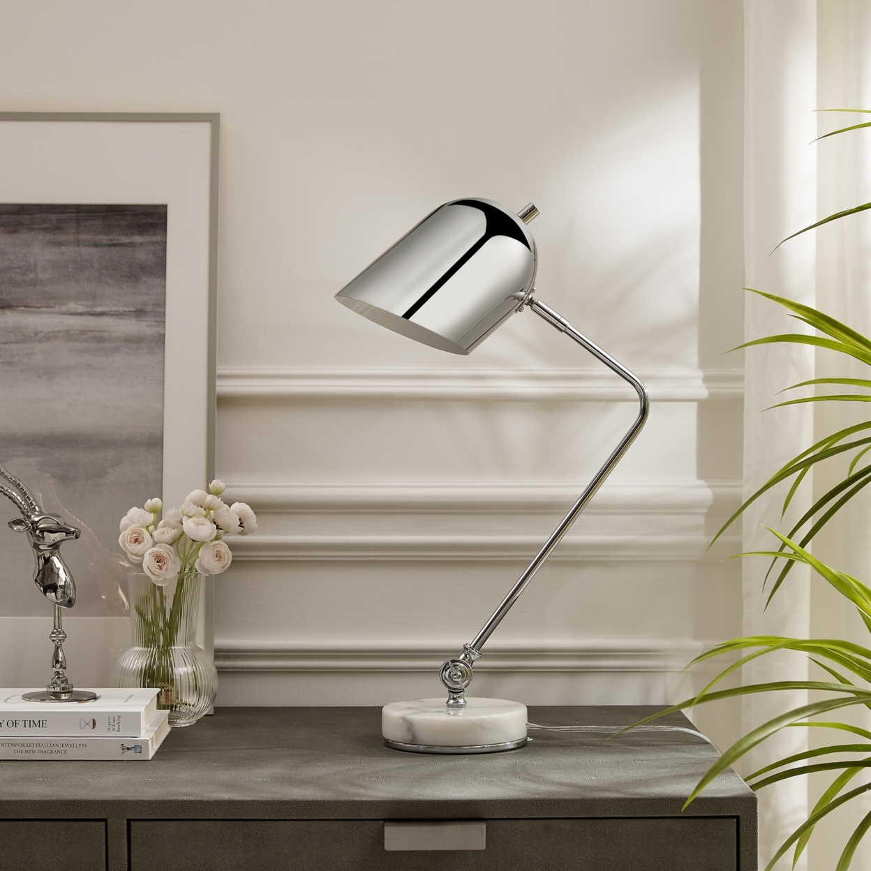 Vania Table Lamp - 5ft Power Cord, Marble Stone Base , Sturdy Metal Frame With Adjustable Angles , Rotary Switch - Chrome