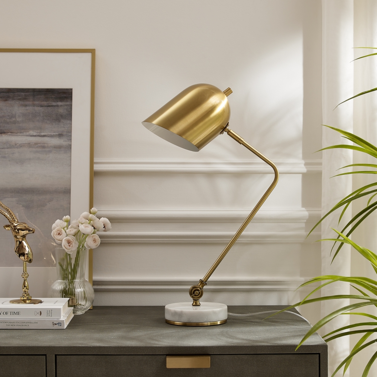 Vania Table Lamp - 5ft Power Cord, Marble Stone Base , Sturdy Metal Frame With Adjustable Angles , Rotary Switch - Brass