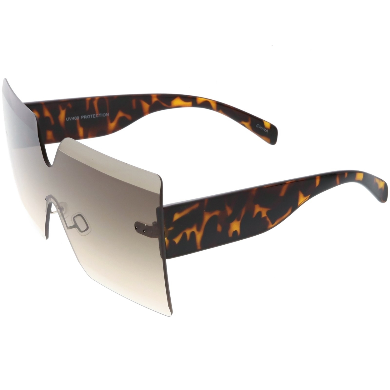 Oversize Rimless Shield Sunglasses Thick Arms Beveled Gradient Lens 73mm - Black / Blue Gradient
