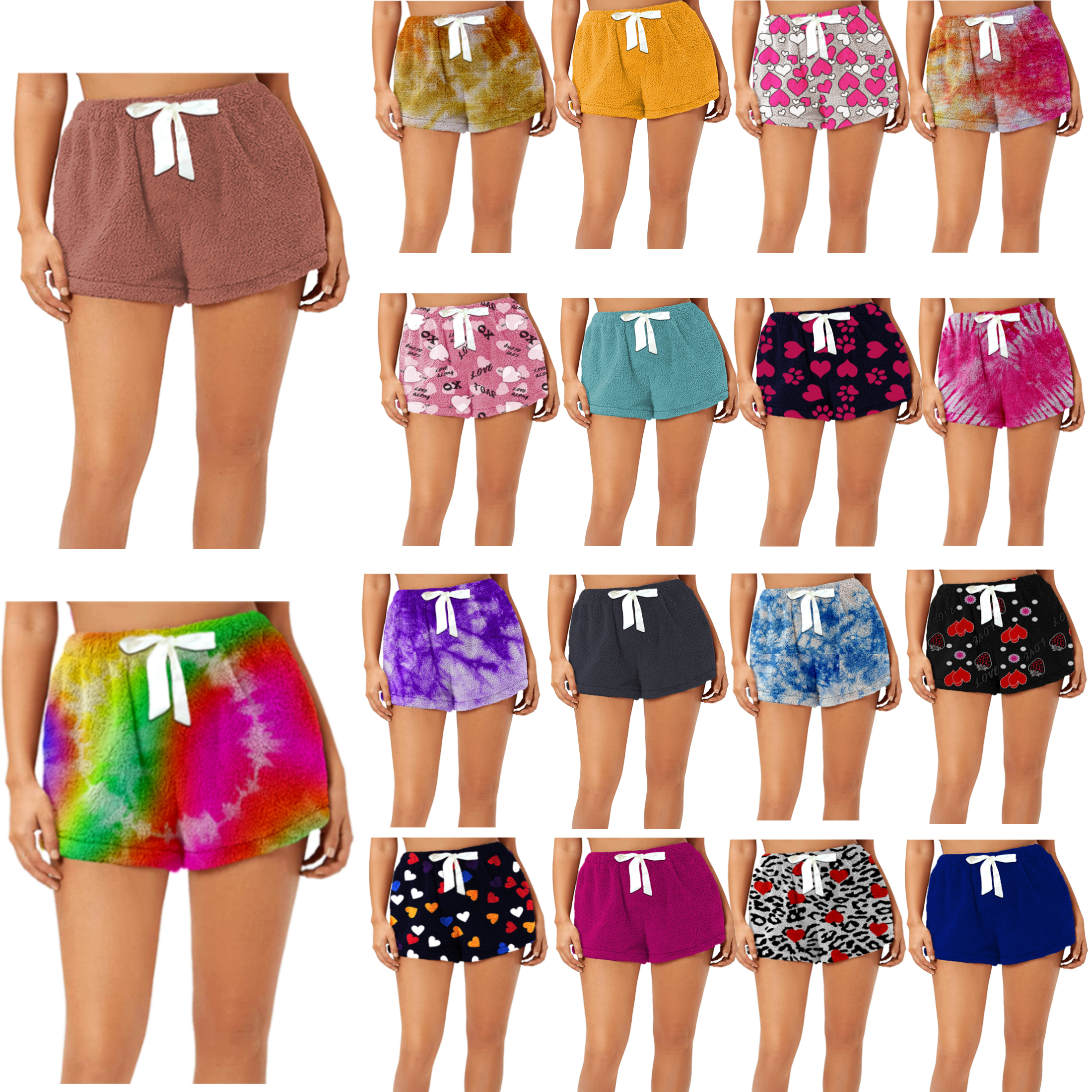 5-Pack: Women's Super Soft Micro Fleece Ultra Plush Pajama Shorts - Solid,TieDye,Solid, Small