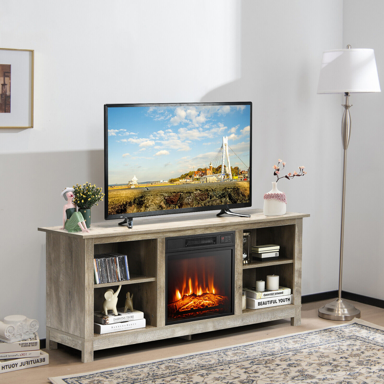 58'' 2-Tier Fireplace TV Stand W/18'' 1400W Electric Fireplace 65'' Grey