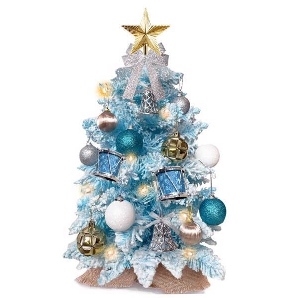 2ft Mini Christmas Tree with Light Artificial Small Tabletop Blue Christmas Decoration with Flocked Snow, Exquisite Decor