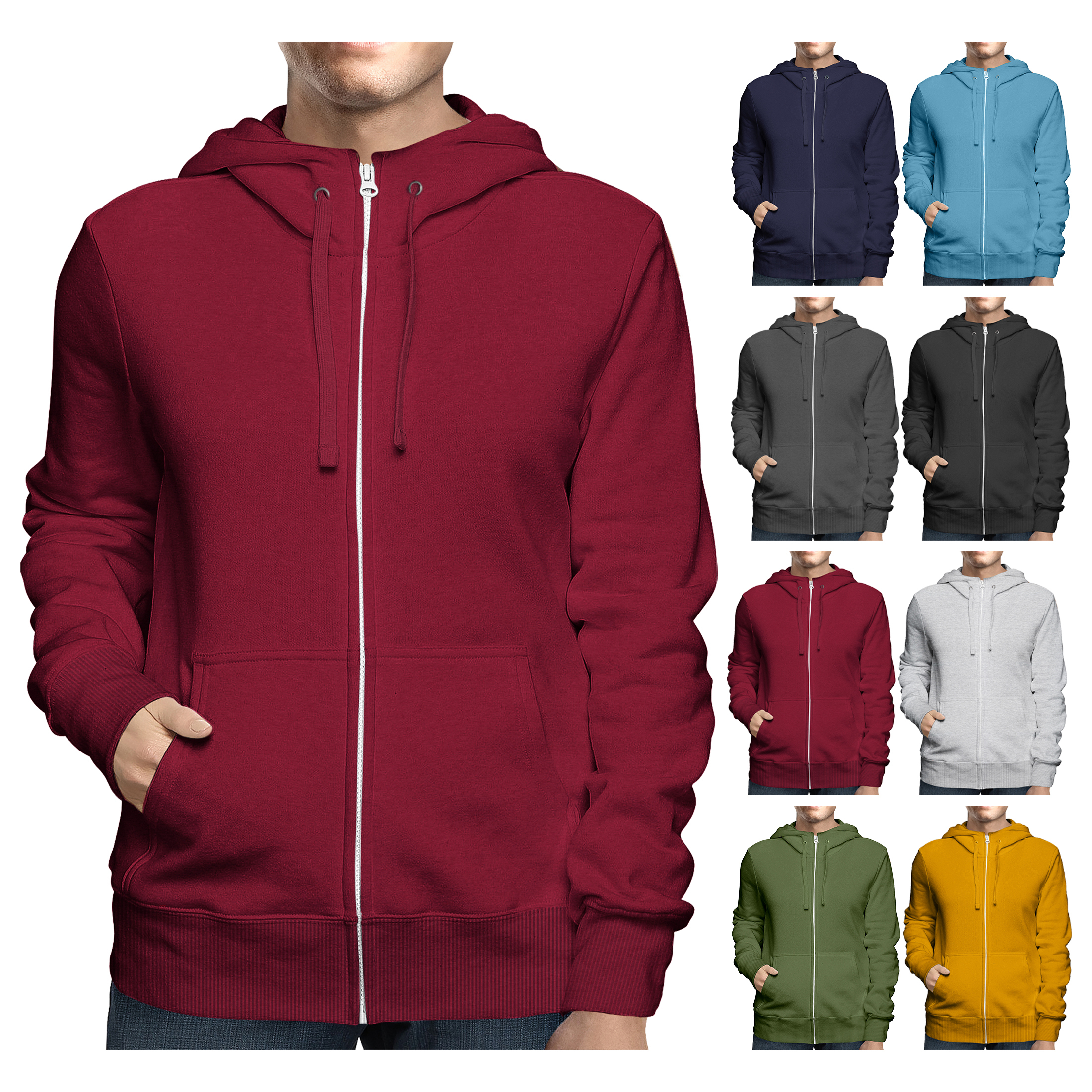 2 Pack: Men's Full Zip Up Fleece-Lined Hoodie Sweatshirt - Large
