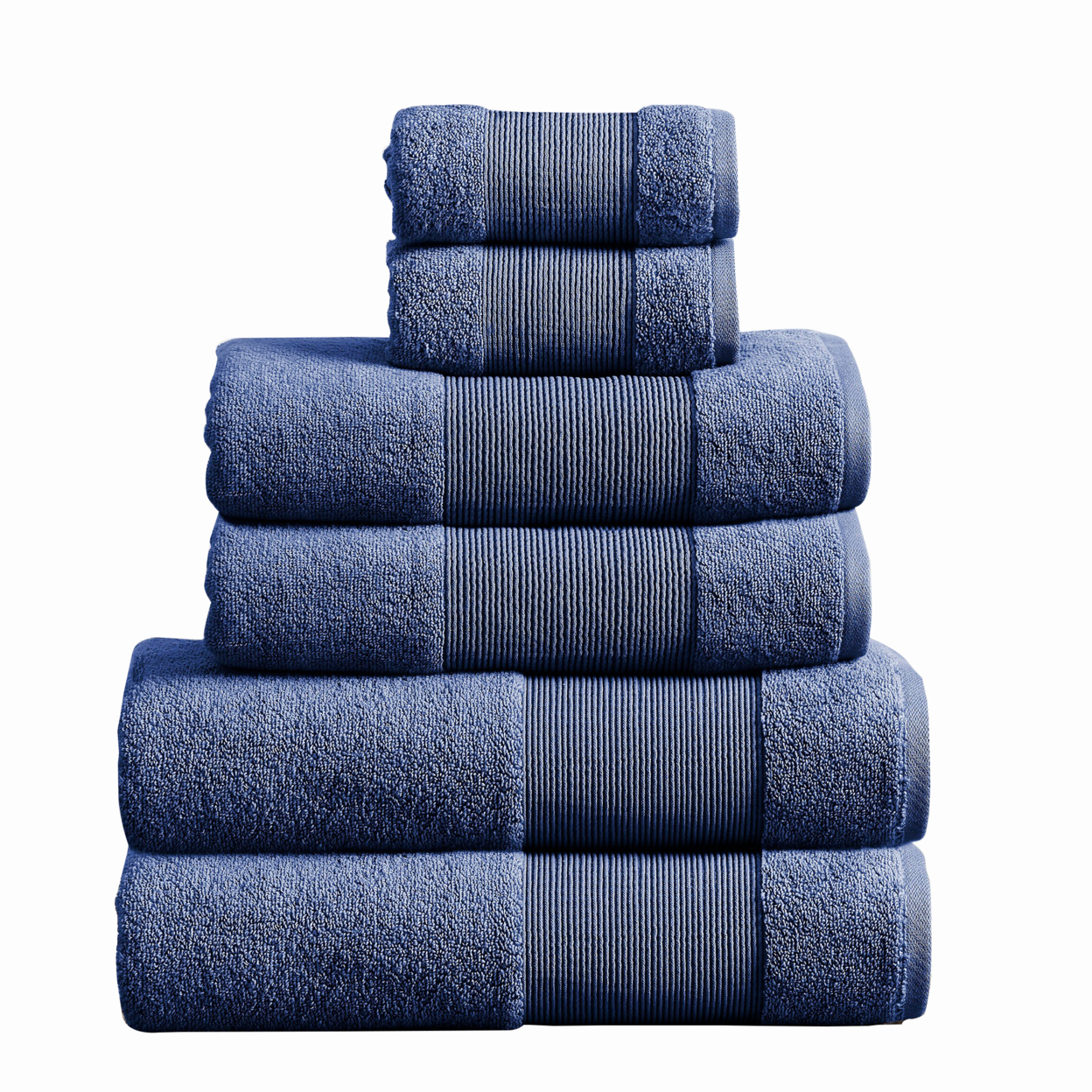 Indy Modern 6 Piece Cotton Towel Set, Softly Textured Design, Deep Blue- Saltoro Sherpi