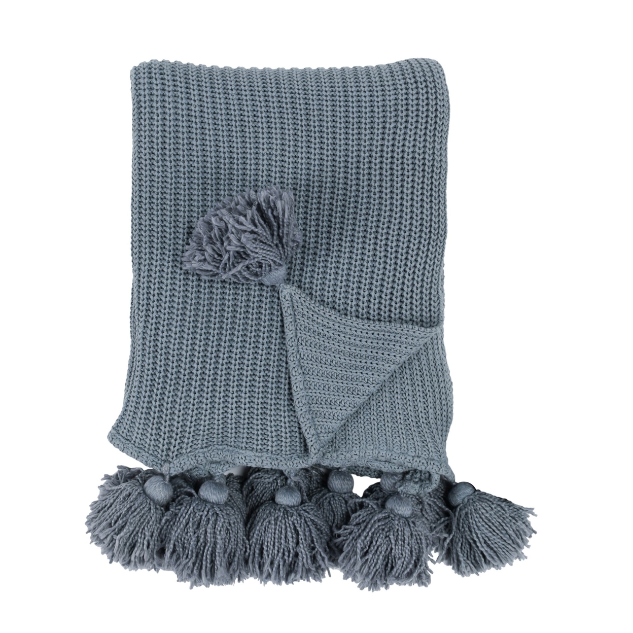 Dee 50 X 70 Soft Cotton Throw Blanket, Knitted Design, Woven Tassels, Blue- Saltoro Sherpi