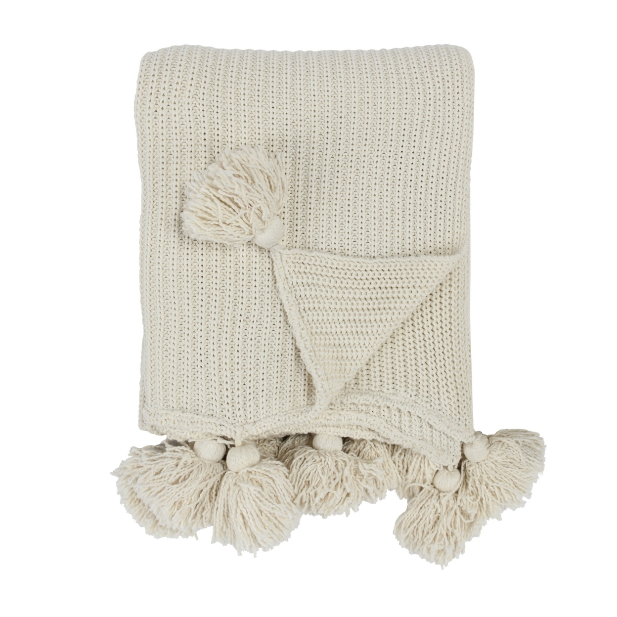 Dee 50 X 70 Soft Cotton Throw Blanket, Knitted Design, Woven Tassels, Ivory- Saltoro Sherpi
