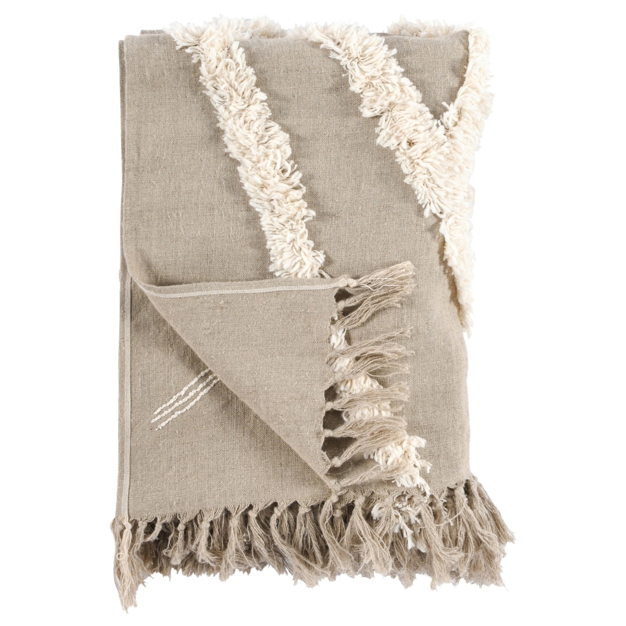 50 X 70 Linen Throw Blanket, Tufted Stripes, Woven Tassels, Beige, Ivory- Saltoro Sherpi