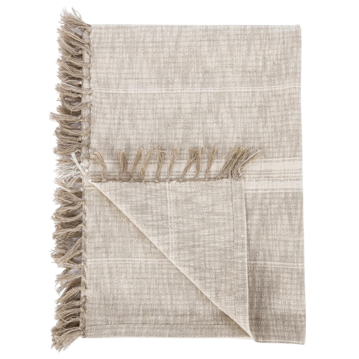 Uno 50 Inch Throw Blanket, Cotton And Linen, Woven Striped Design, Beige- Saltoro Sherpi