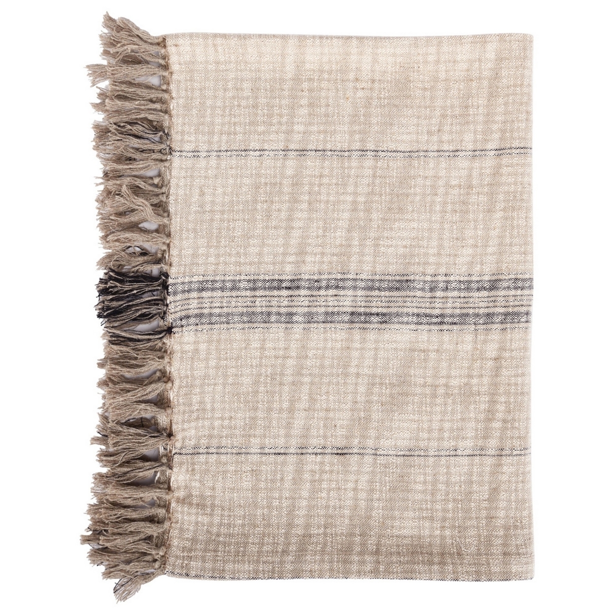 Uno 50 Inch Throw Blanket, Soft Cotton, Linen, Woven Stripes, Beige, Brown- Saltoro Sherpi