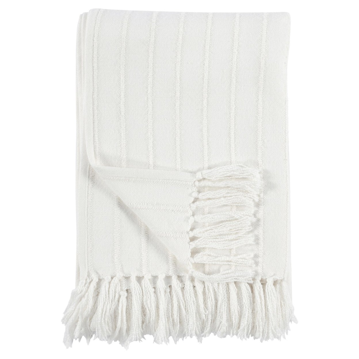 Troy 50 Inch Ultra Soft Cotton Throw Blanket, Raised Striped Design, White- Saltoro Sherpi