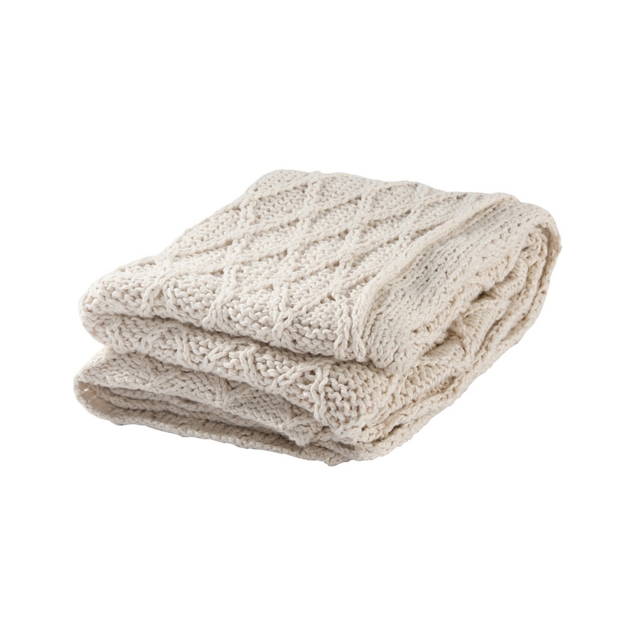 Lyla 50 Inch Cotton Throw Blanket, Hand Knitted Diamond Pattern, White- Saltoro Sherpi
