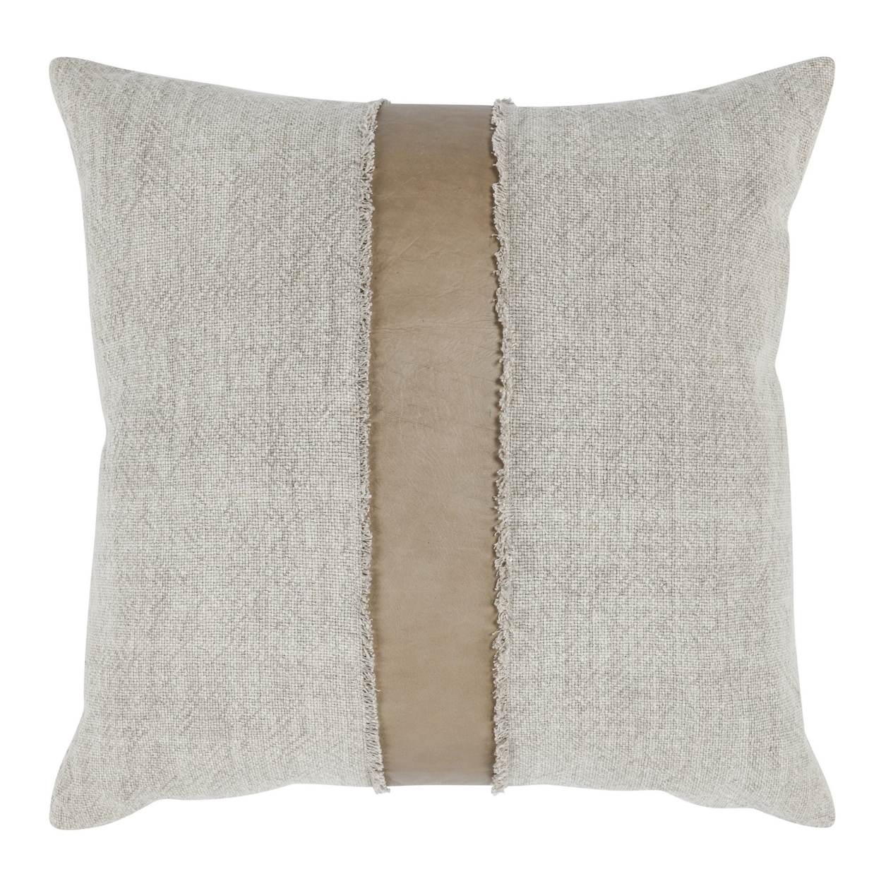 26 X 26 Throw Pillow, Pieced Fabric, Cotton, Leather, Frayed Fringes, Gray- Saltoro Sherpi