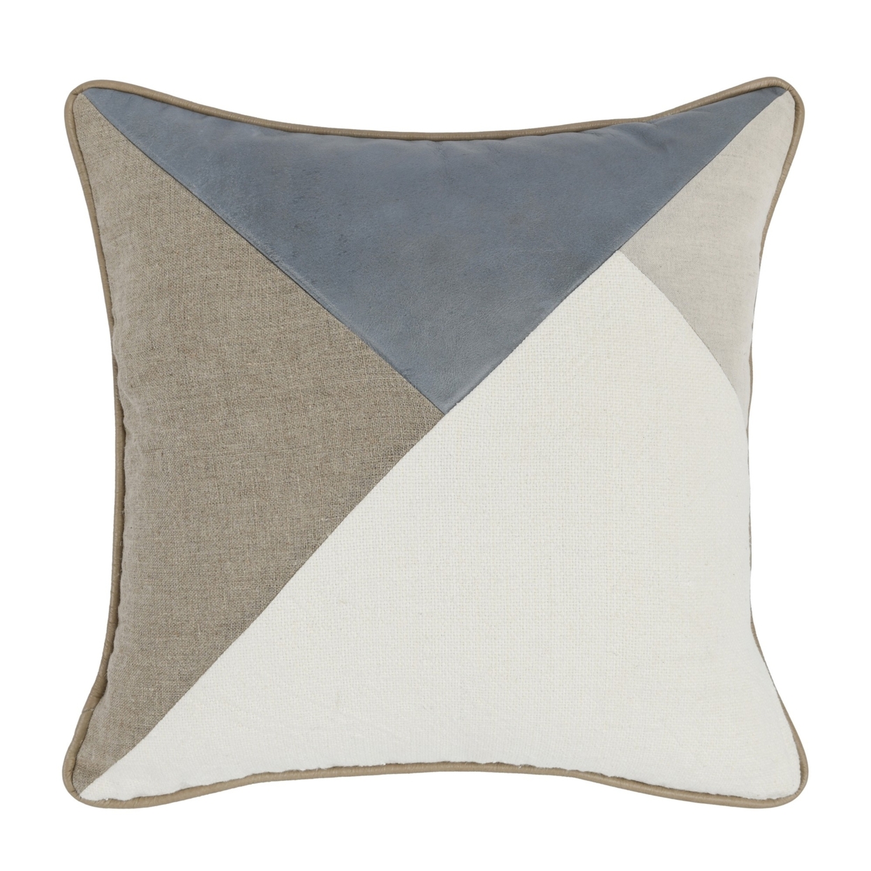 22 X 22 Throw Pillow, Modern, Genuine Leather, Pieced Fabric, Blue, Gray- Saltoro Sherpi
