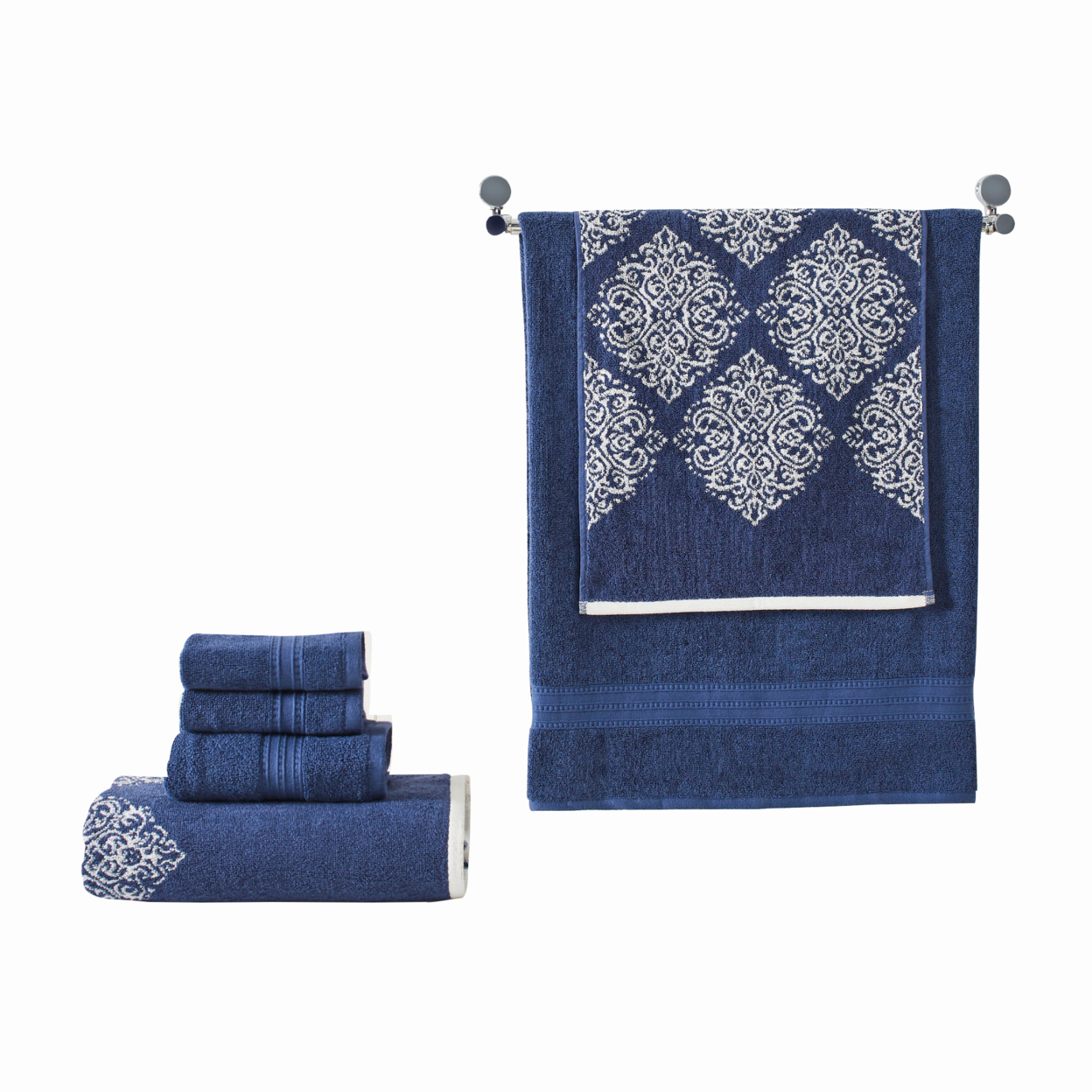Eula Modern 6 Piece Cotton Towel Set, Stylish Damask Pattern, Deep Blue- Saltoro Sherpi