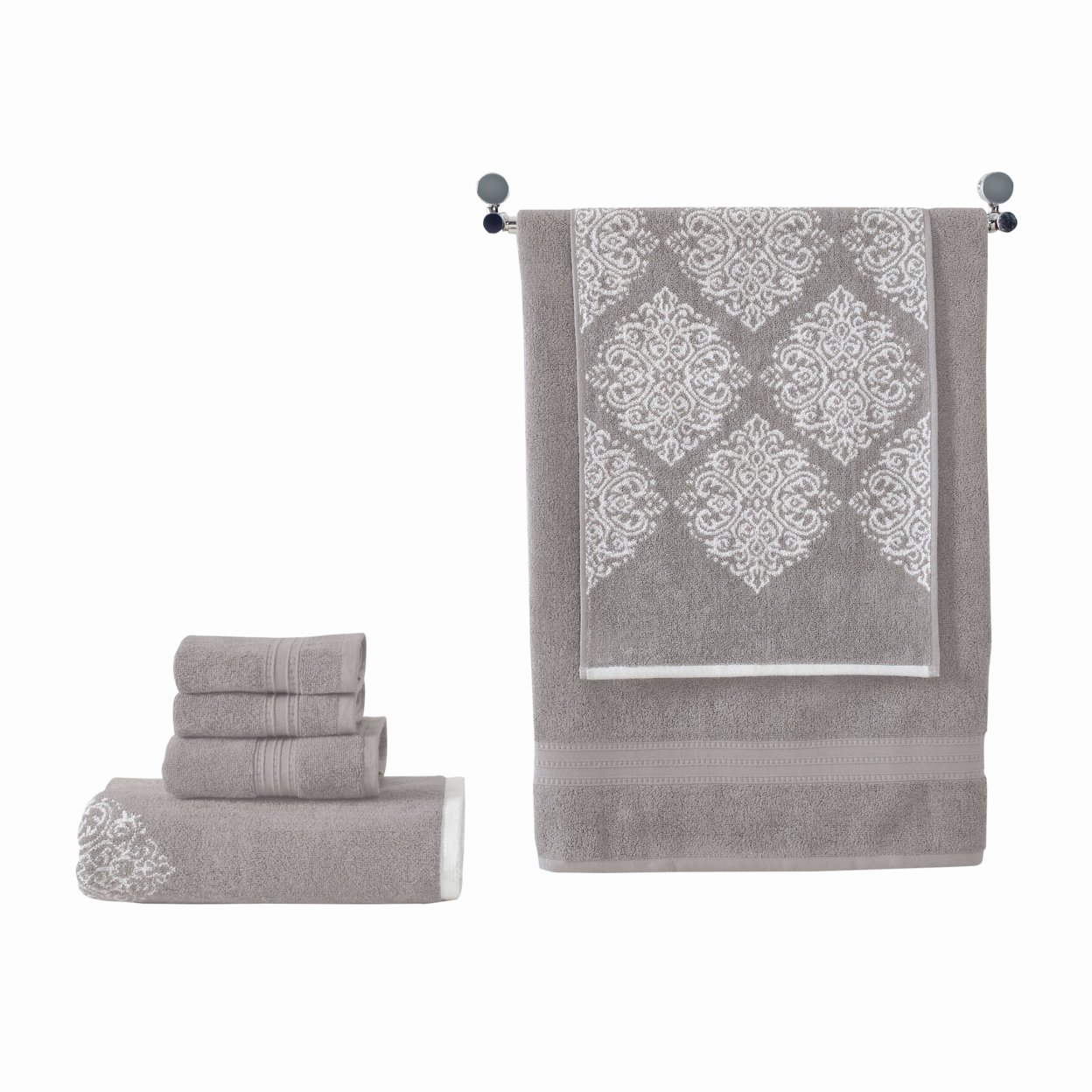Eula Modern 6 Piece Cotton Towel Set, Stylish Damask Pattern, Light Gray- Saltoro Sherpi