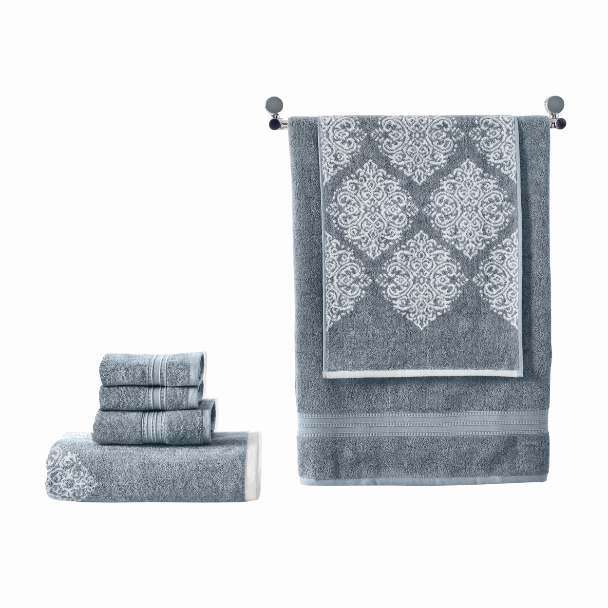 Eula Modern 6 Piece Cotton Towel Set, Stylish Damask Pattern, Slate Blue- Saltoro Sherpi