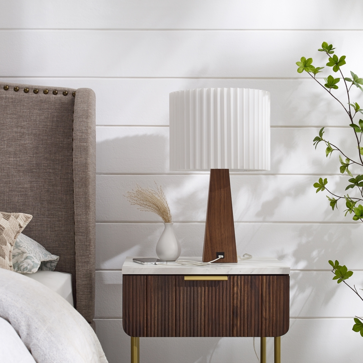 Kaylei Table Lamp - 5ft Power Cord, USB Charger , Sturdy Wood Base, Linen Shade , Rotary Switch - Ivory