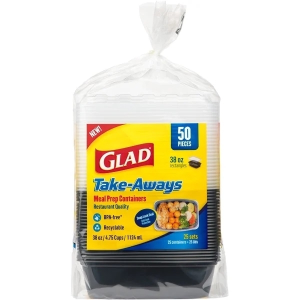 Glad Take-Aways Storage Containers With Lids, 38 Ounce (25 Count)