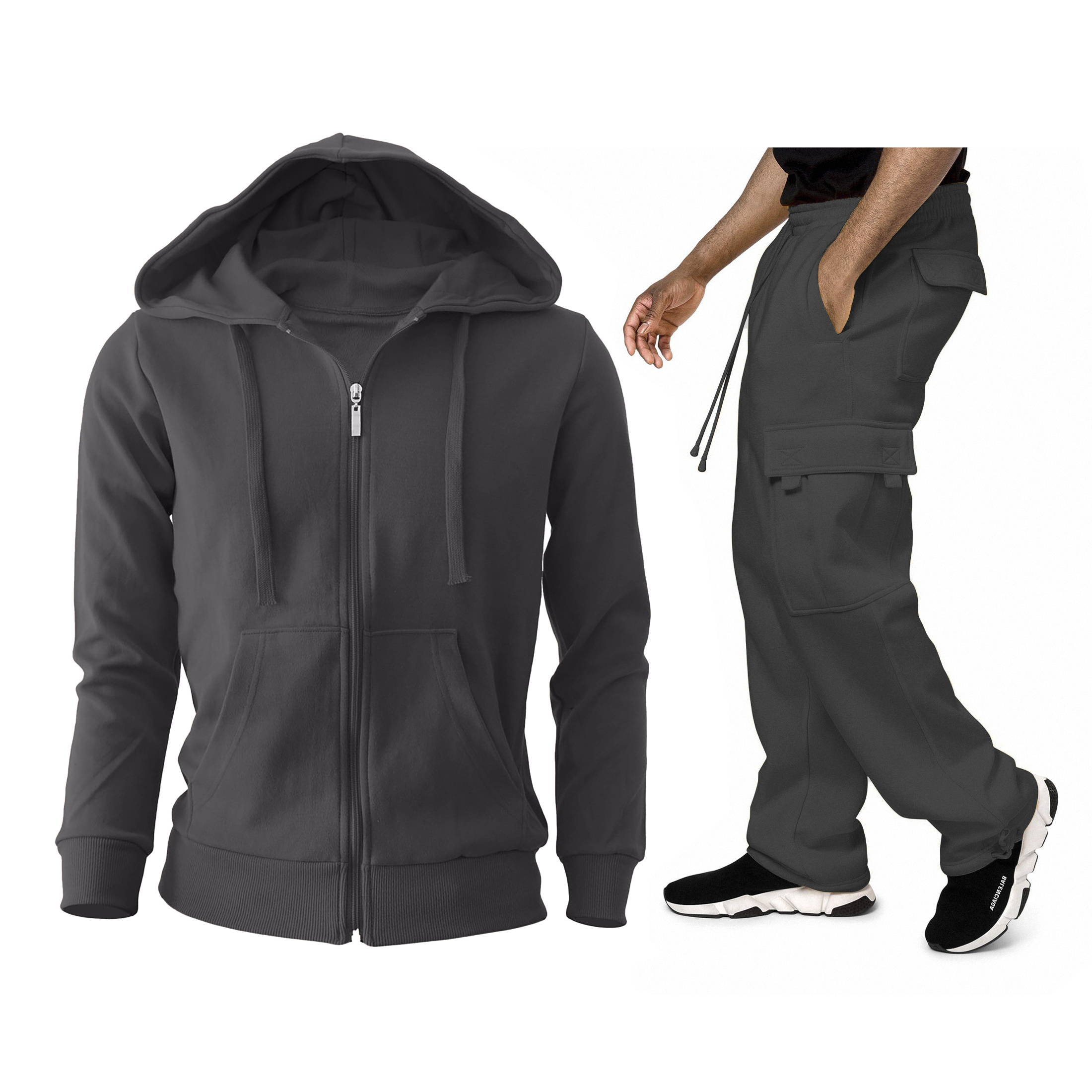 Men's Active Full Zip Up Cargo Athletic Tracksuit - Charcoal, Large