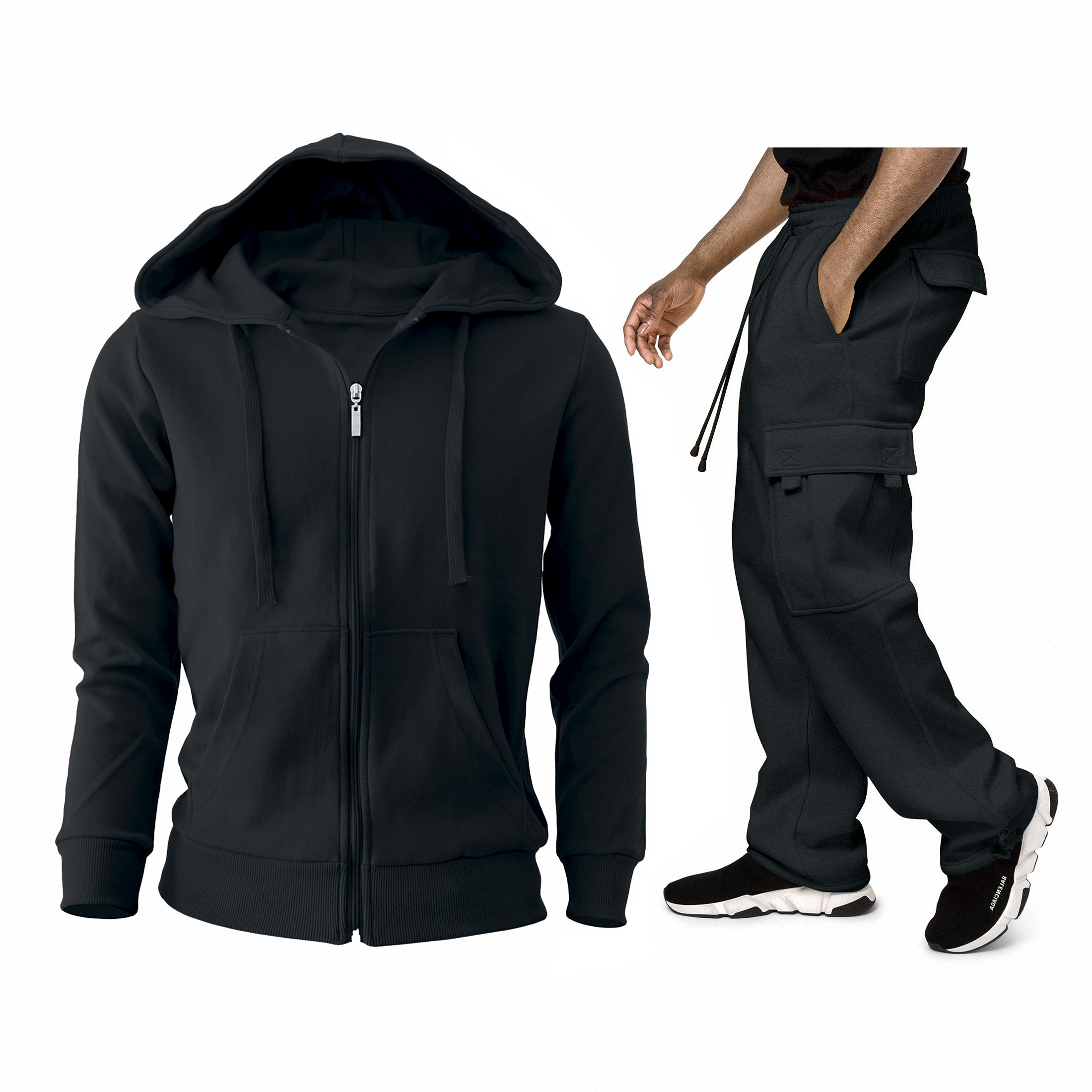 Men's Active Full Zip Up Cargo Athletic Tracksuit - Black, X-Large