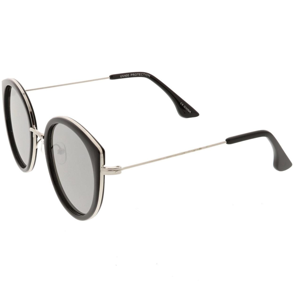 Modern Cat Eye Sunglasses Metal Trim Round Colored Mirror Flat Lens 53mm - Black Gold / Blue Mirror