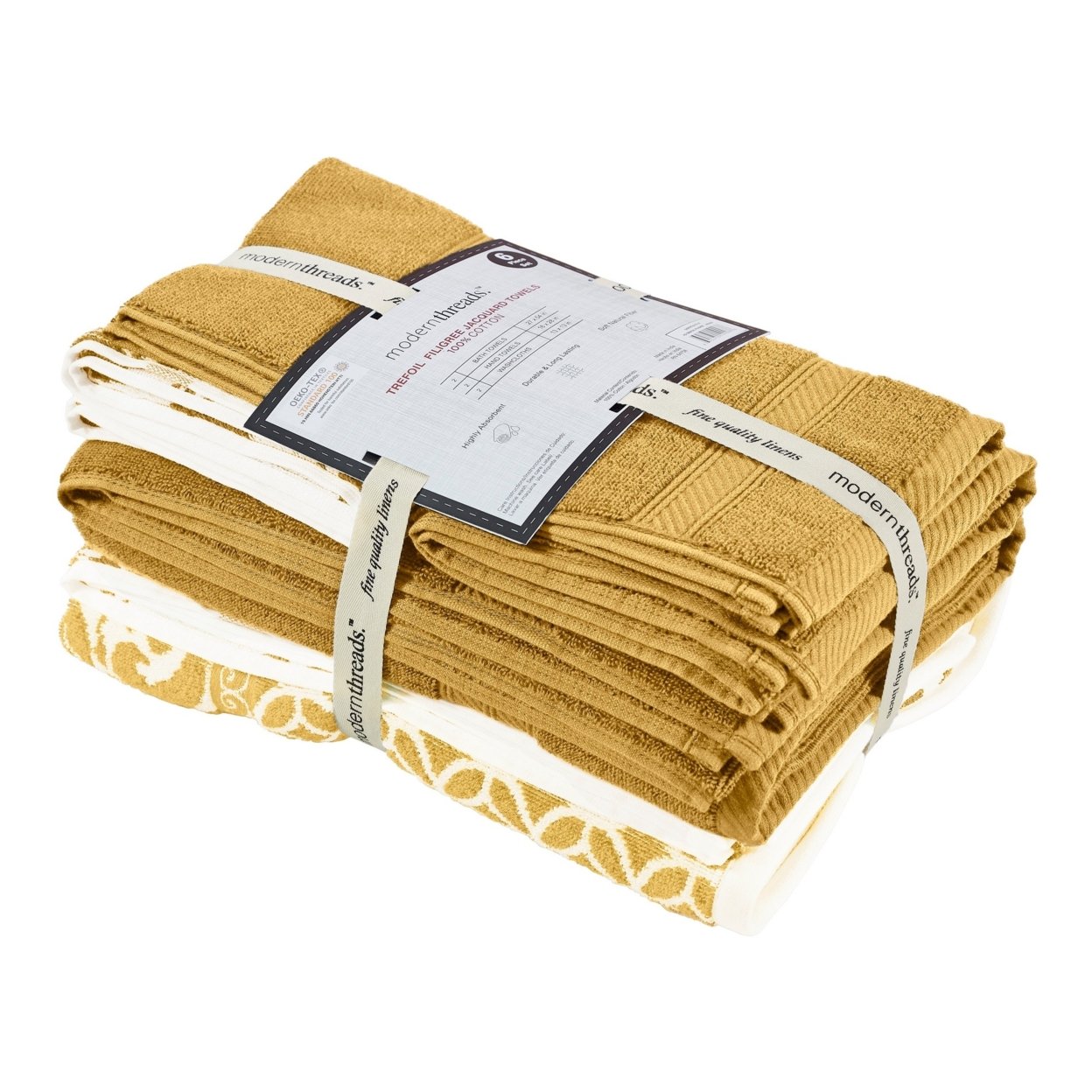 Bev Modern 6 Piece Cotton Towel Set, Jacquard Filigree Pattern, Yellow- Saltoro Sherpi