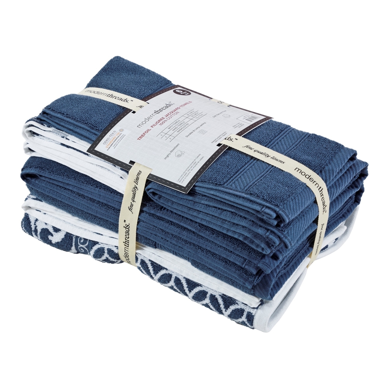 Bev Modern 6 Piece Cotton Towel Set, Jacquard Filigree Pattern, Deep Blue- Saltoro Sherpi