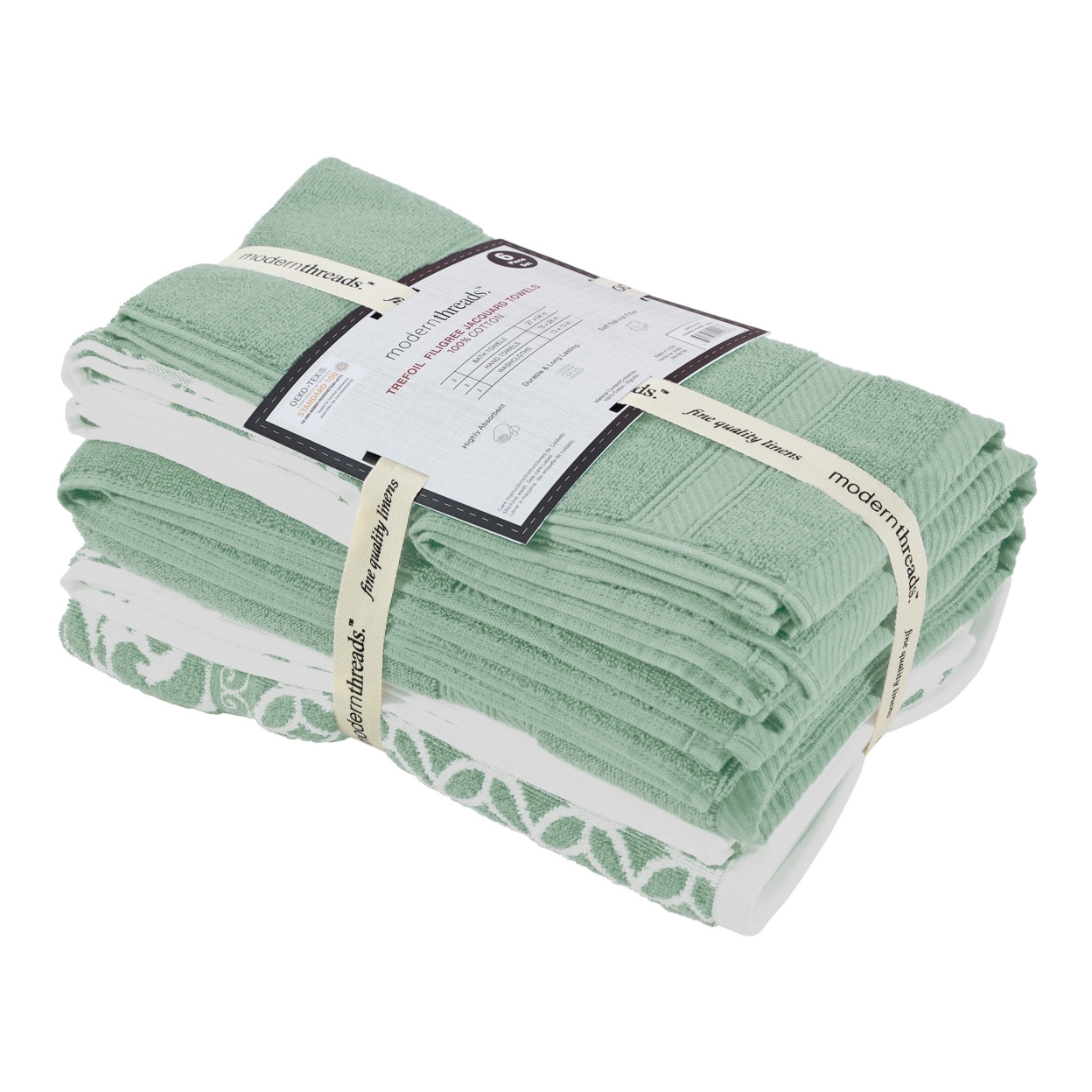 Bev Modern 6 Piece Cotton Towel Set, Jacquard Filigree Pattern, Sage Green- Saltoro Sherpi