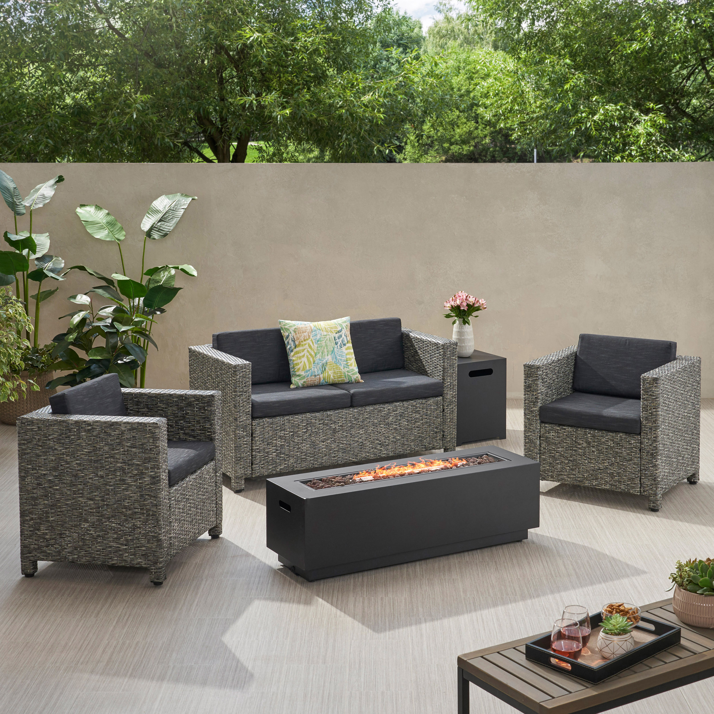 Roxanne 4 Seater Wicker Chat Set With Fire Pit - Mix Black / Dark Gray