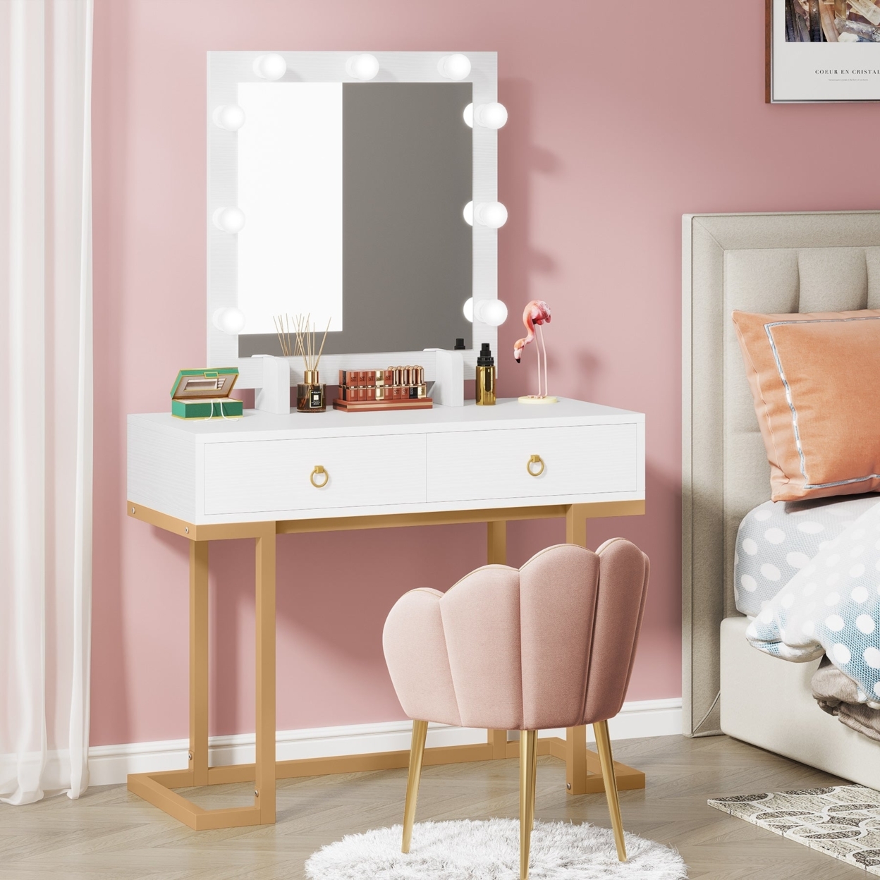 Tribesigns Vanity, Modern Makeup Table With 2 Storage Drawers & Lighted Mirror