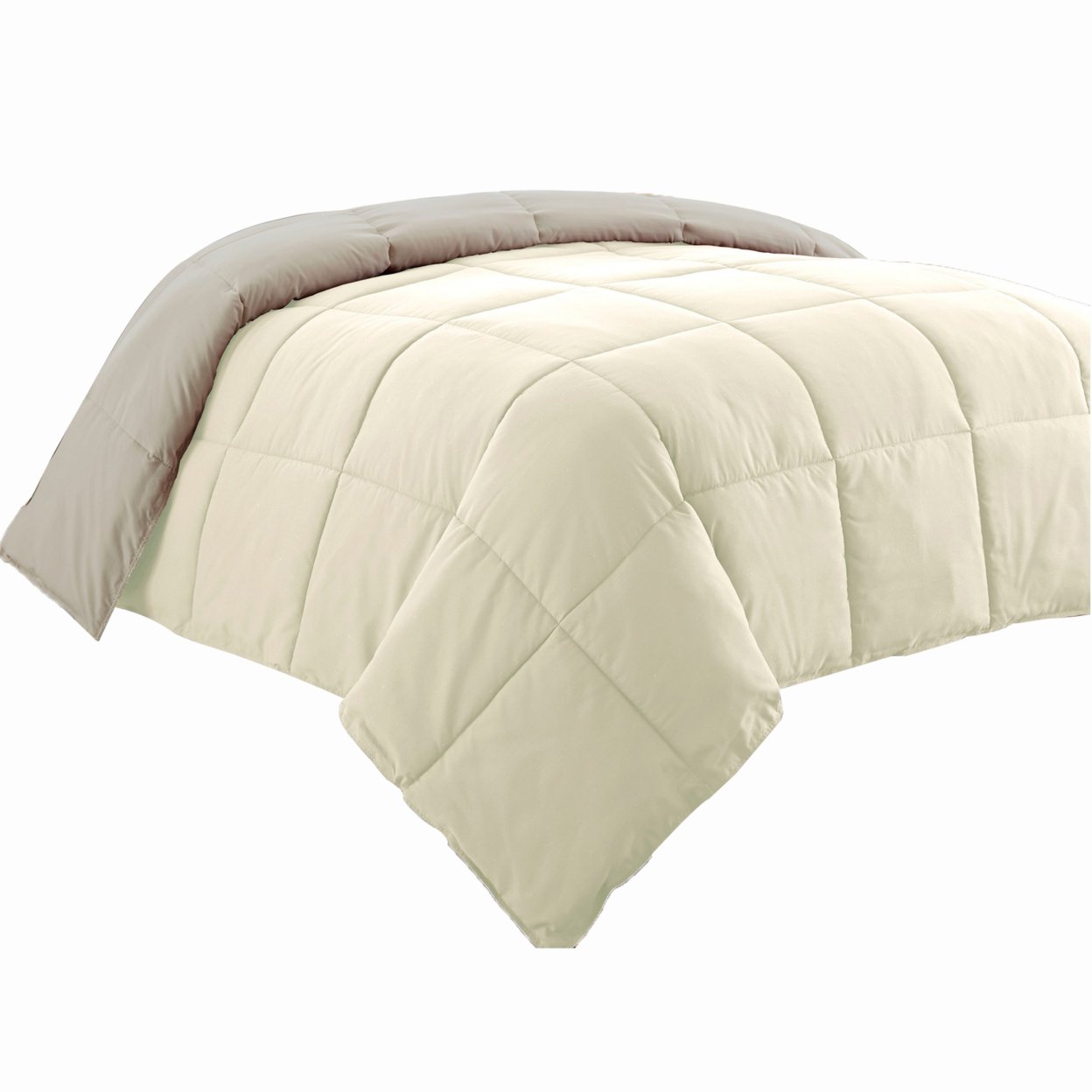 Beth Reversible Microfiber King Comforter, Squared Stitching, Ivory, Beige- Saltoro Sherpi