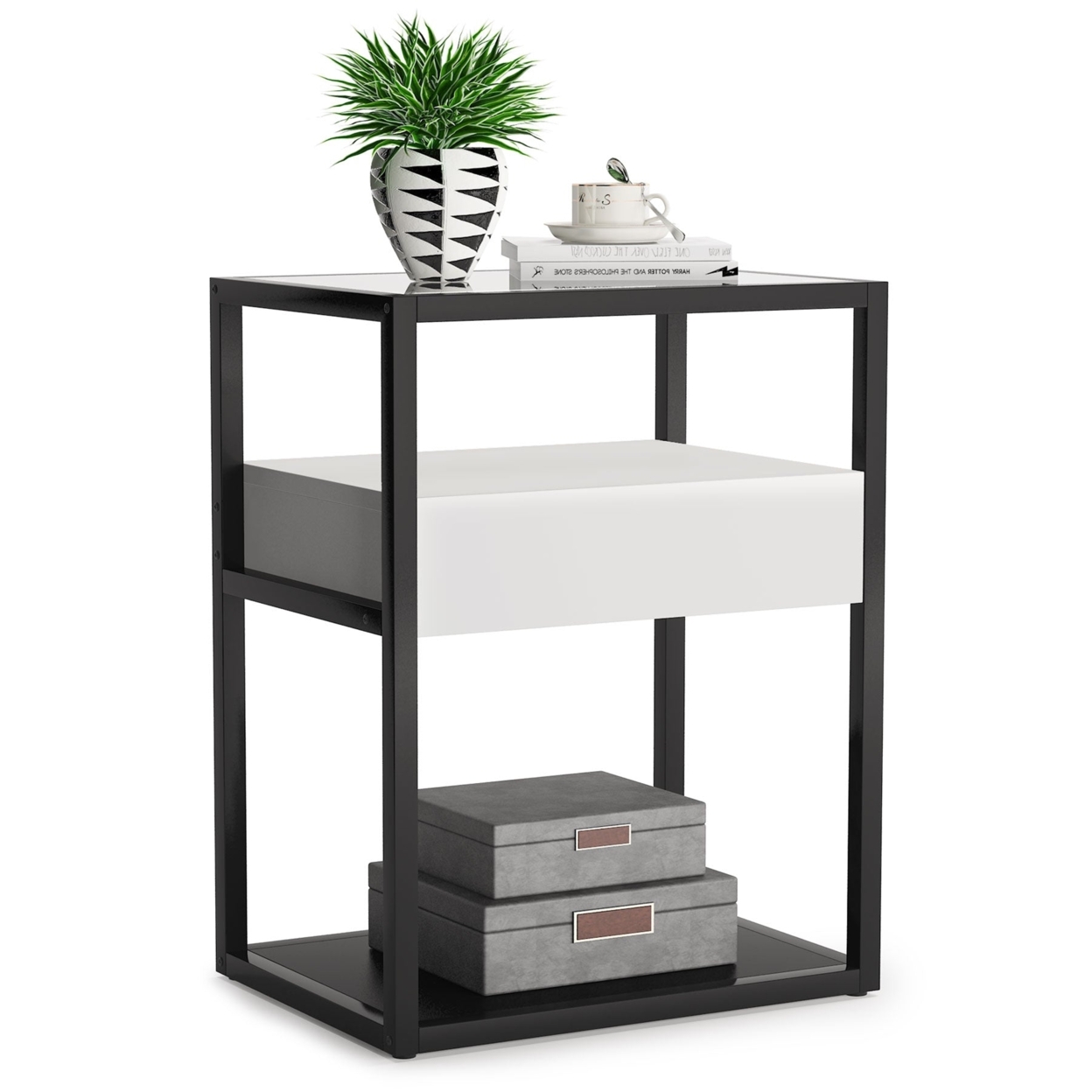 Tribesigns Nightstand, Modern Side End Table With Drawer And Shelf - Black & White, 1PC