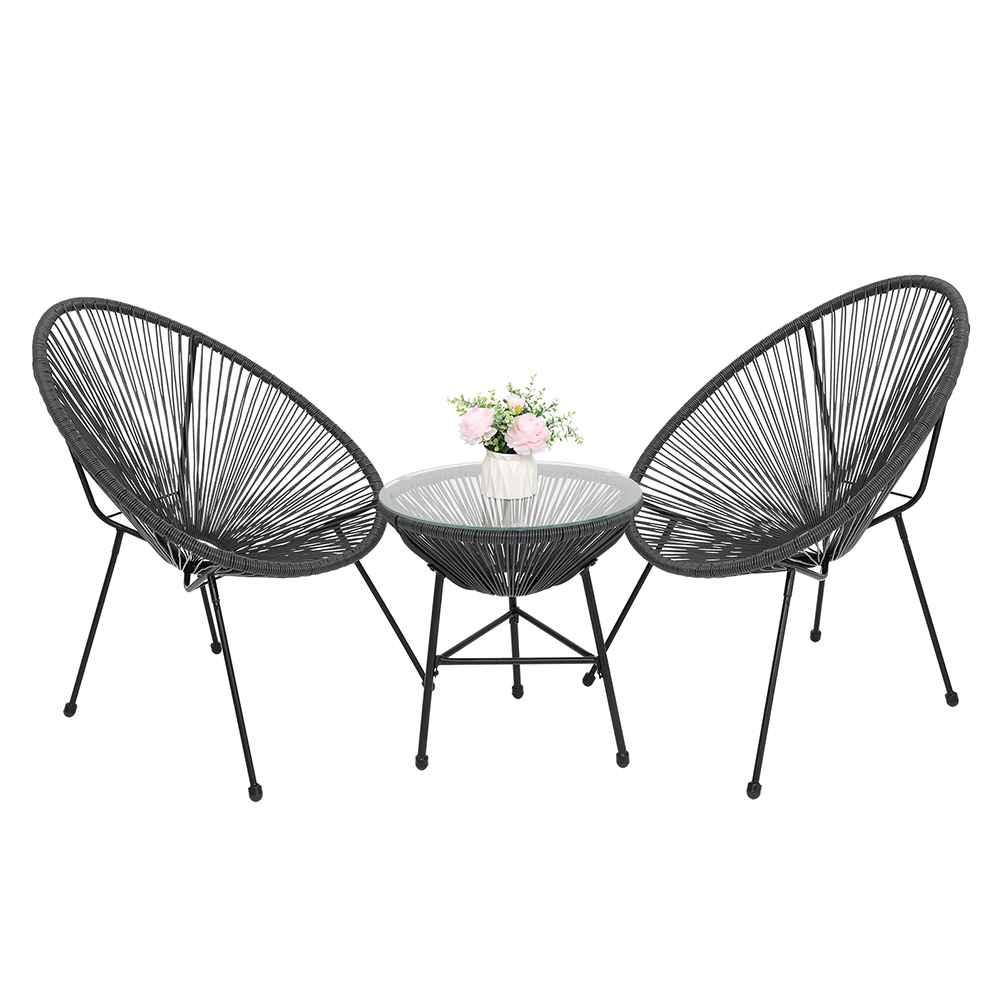3 Piece All Weather Patio Acapulco Bistro Furniture Set with 2 Chairs Glass Top Table Gray
