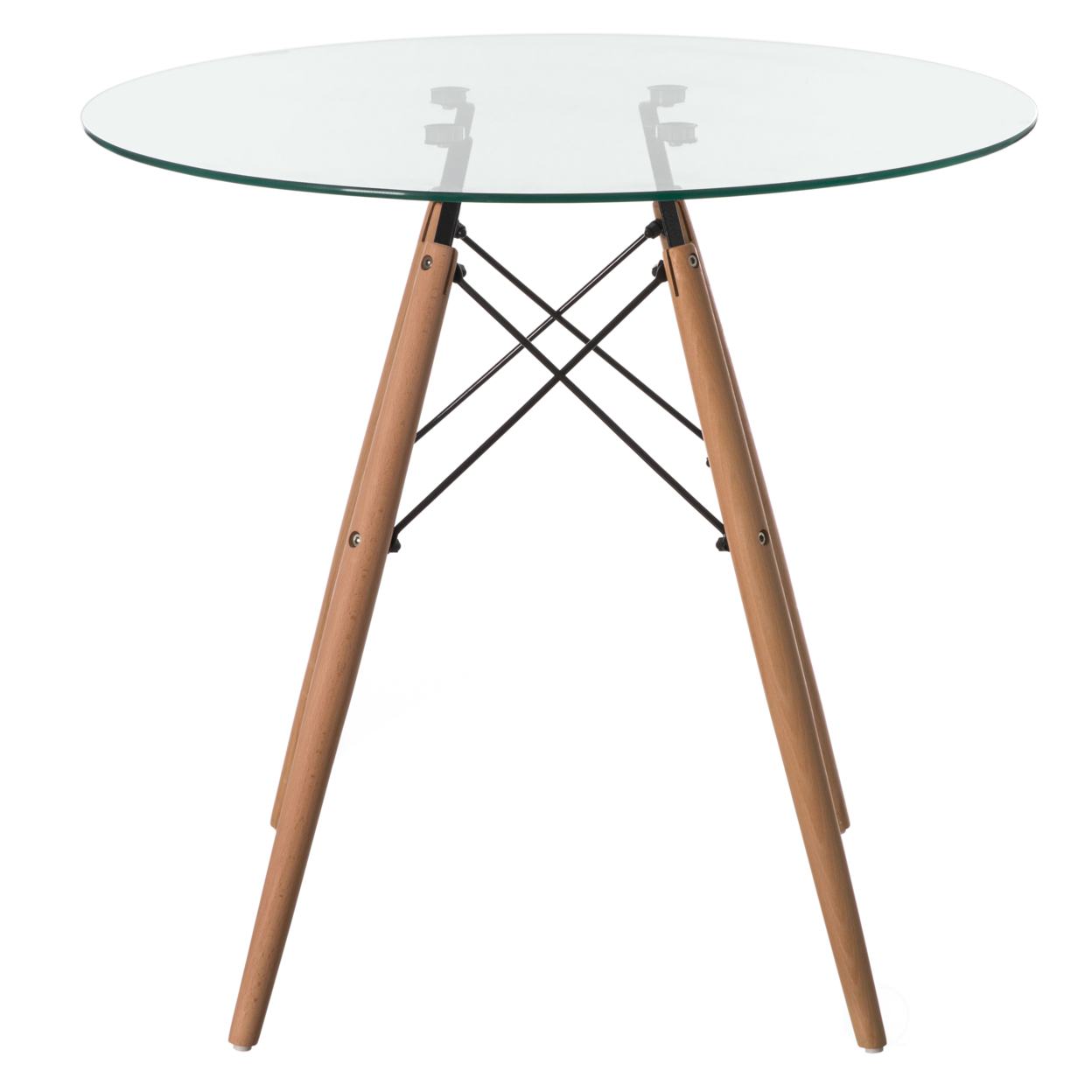 Round Clear Glass Top Accent Dining Table With 4 Beech Solid Wood Legs Modern Space Saving Small Leisure Circle Desk