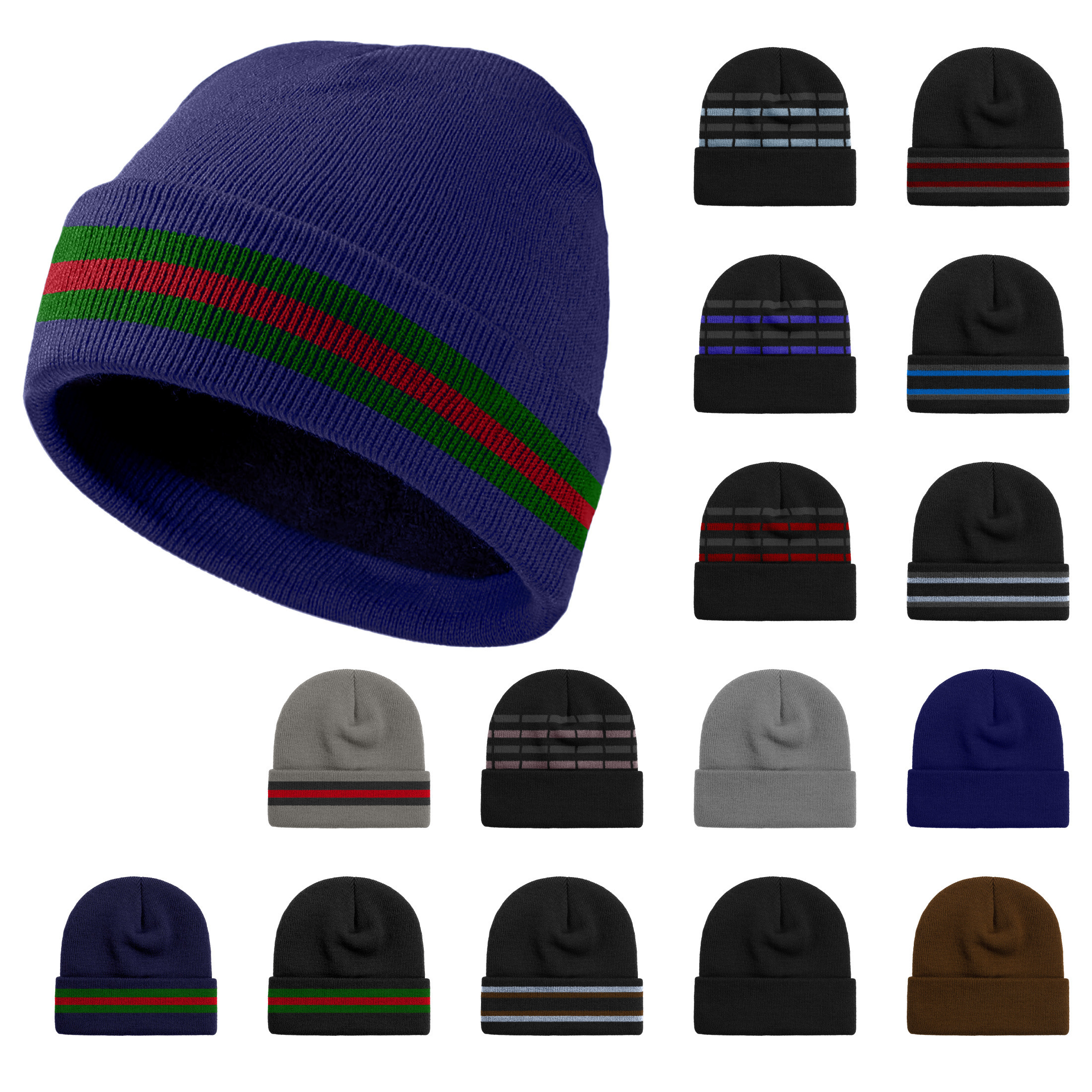 2-Pack: Men's Warm Knit Cuffed Cap Beanie Hat W/ Faux Fur Lining - Solid