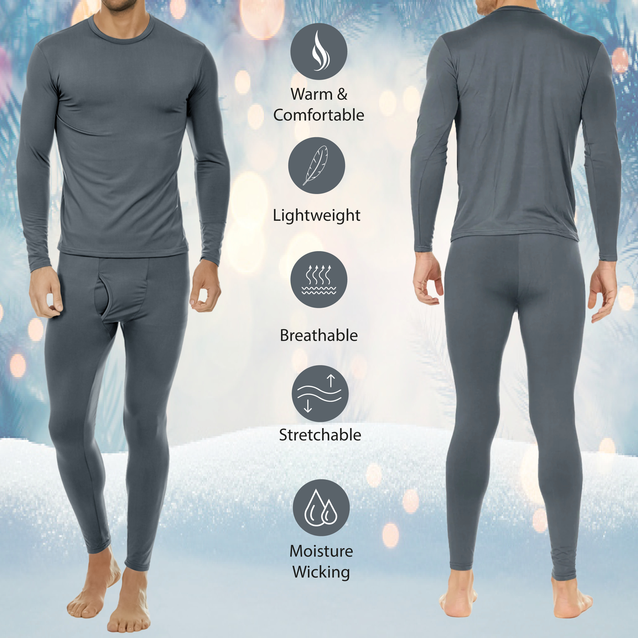 4-Piece: Men's Fleece Lined Thermal Set For Cold Weather - Medium