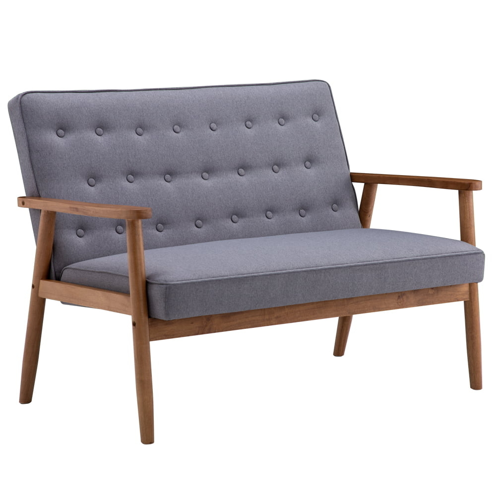 126 x 75 x 83.5cm Retro Modern Wood Double Sofa Chair Leisure Chair Light Gray Fabric