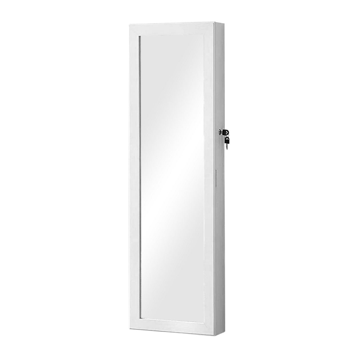 Max 47 Inch Wood Jewelry Cabinet, Mirrored Door, LED Lights, White- Saltoro Sherpi
