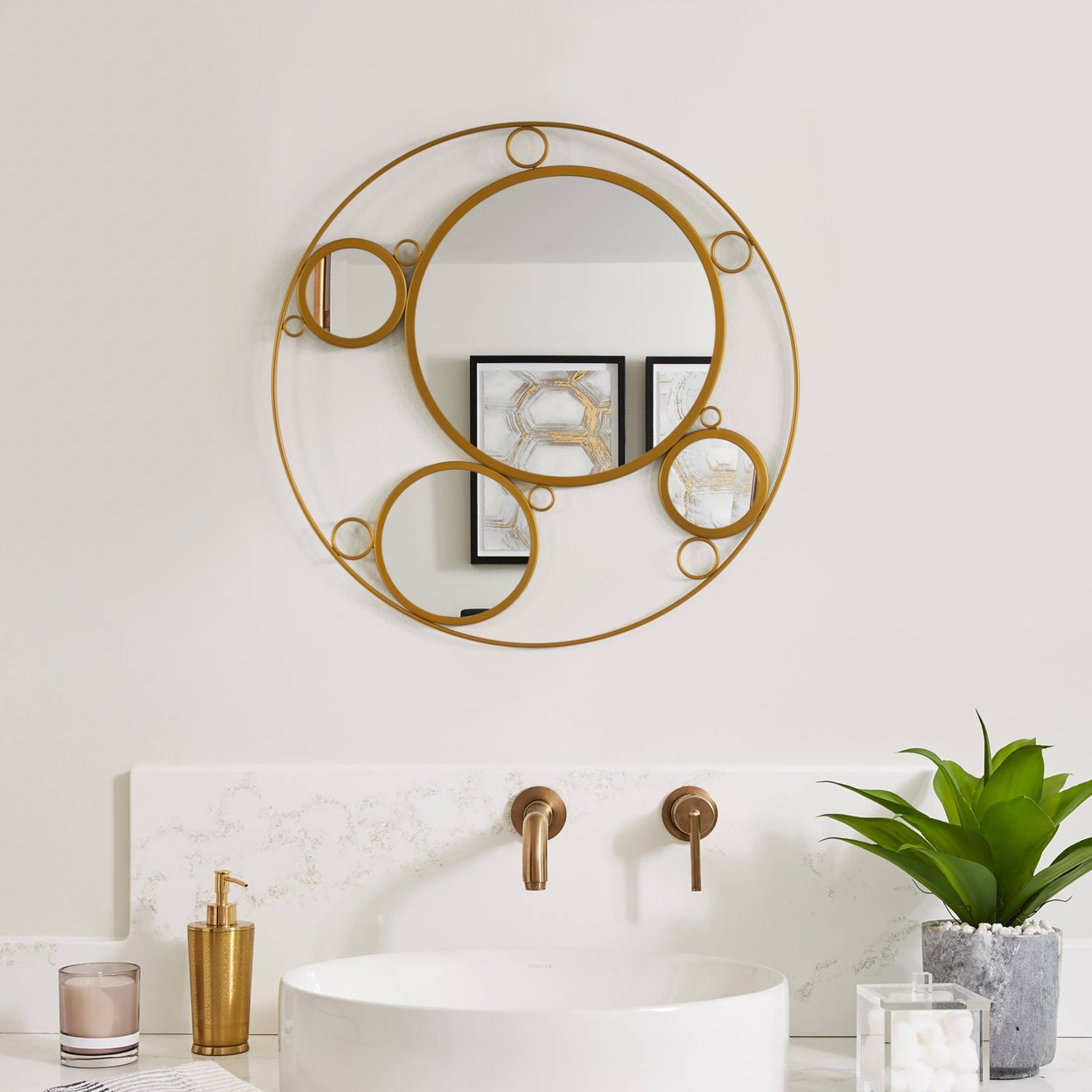 Decorative Round Frame Gold Metal Wall Mounted Modern Mirror With 4 Glass Mirror Balls - Gold Round