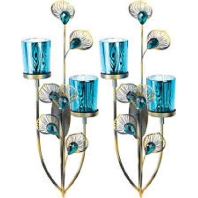 2 Peacock Plume Candle Wall Sconces