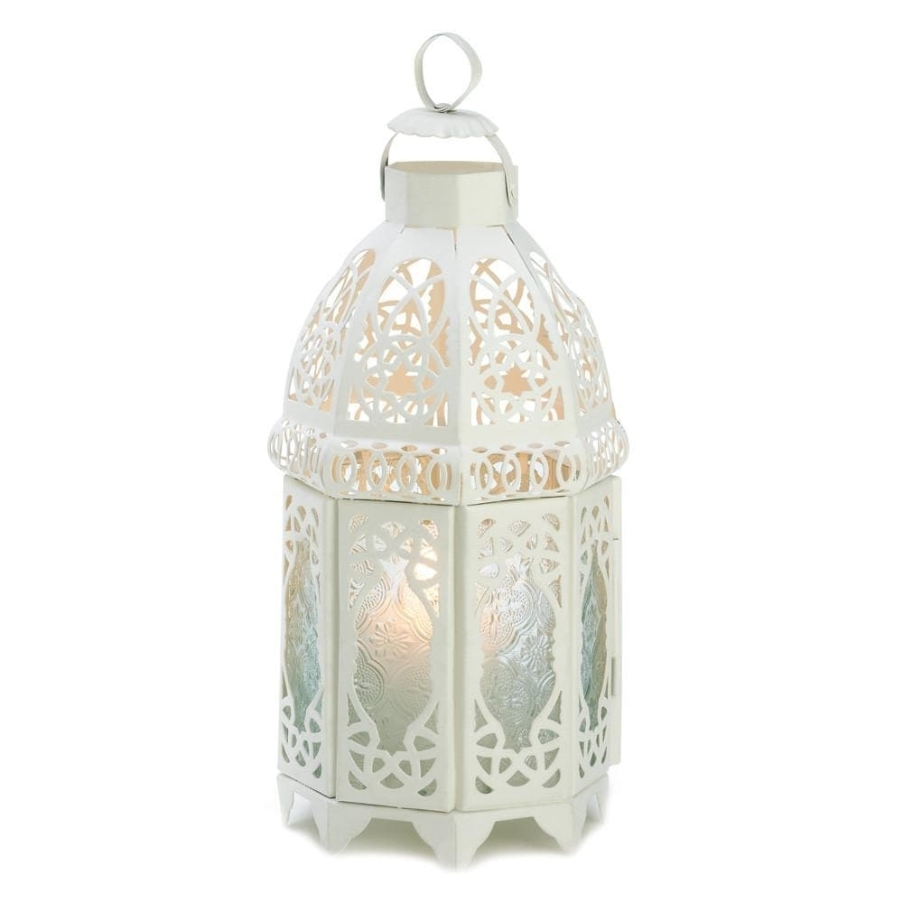 Set of 2 White Moroccan Style Lanterns with 2 White Led Tea Lights with Timer