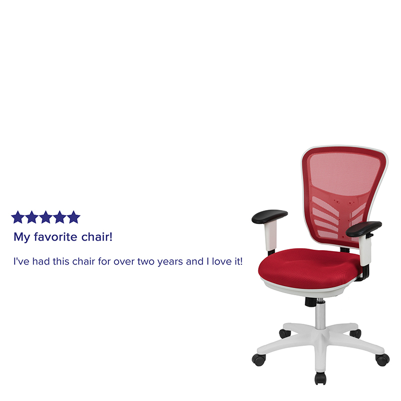 Mid-Back Red Mesh Multifunction Executive Swivel Ergonomic Office Chair With Adjustable Arms And White Frame