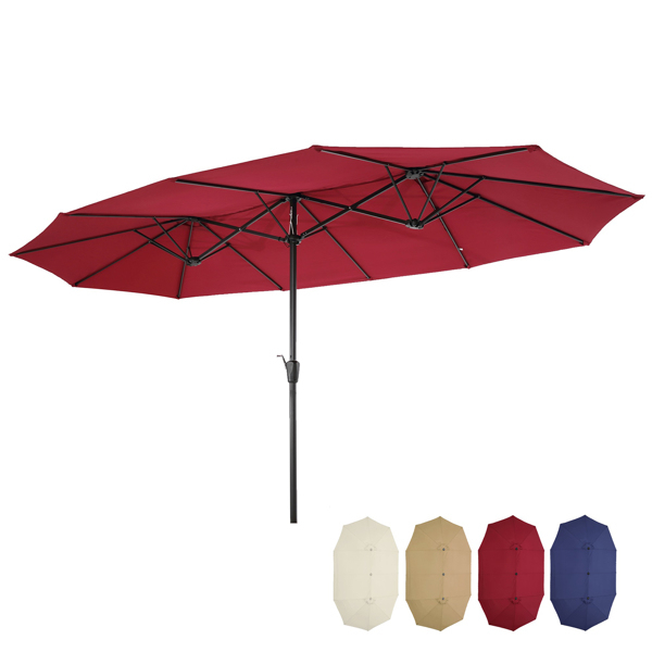 15x9ft Large Double-Sided Rectangular Outdoor Steel Twin Patio Market Umbrella Crank-Burgundy