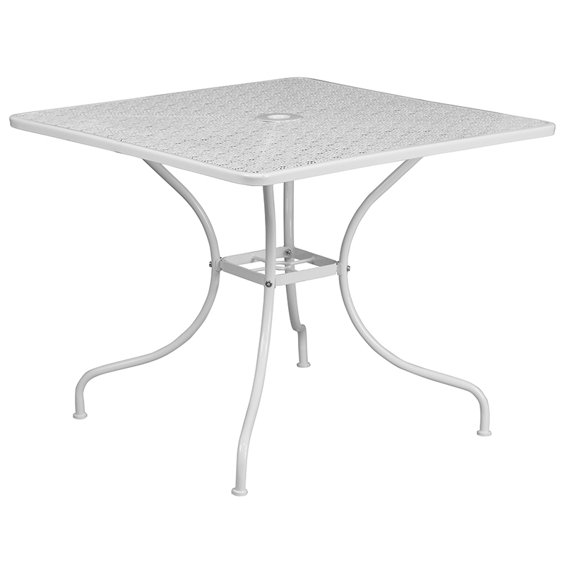 Commercial Grade 35.5 Square White Indoor-Outdoor Steel Patio Table Set With 4 Round Back Chairs